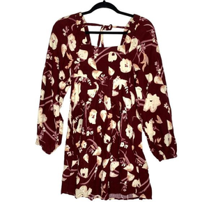 Jolie & Joy dress M‎ Floral Pockets Long Sleeve Burgundy Cream Boho Festival